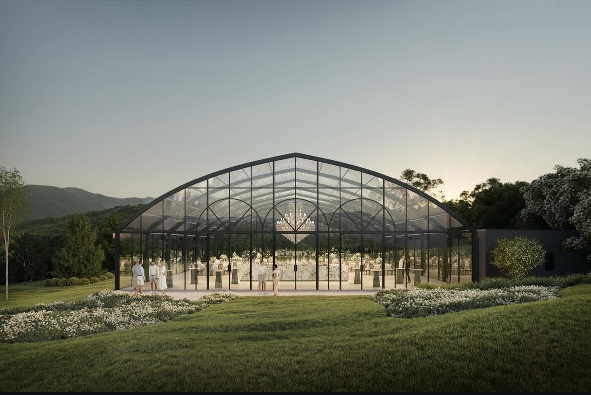 Alora Macedon wedding venue. A large glass atrium with crystal chandeliers.